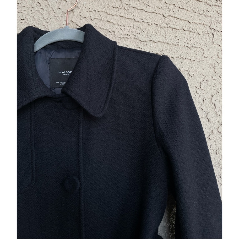 MANGO Navy Blue Belted Wool Trench Coat Dark Navy Flap Overcoat XXS— Fits XS too - Picture 11 of 17